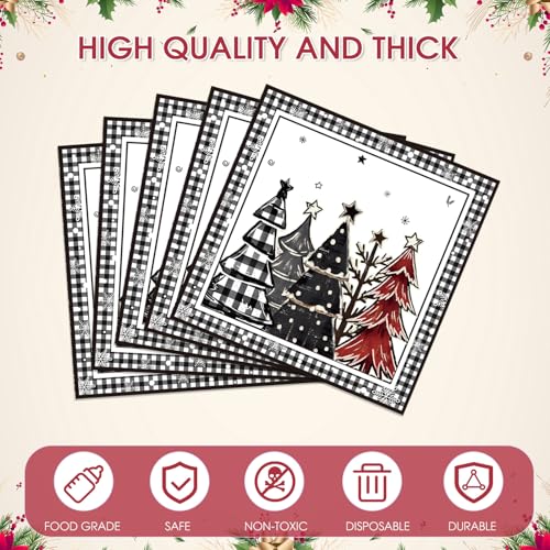 Christmas Dinner Paper Napkins - Black White Red Gingham Holiday Party Decor - 100 Pack