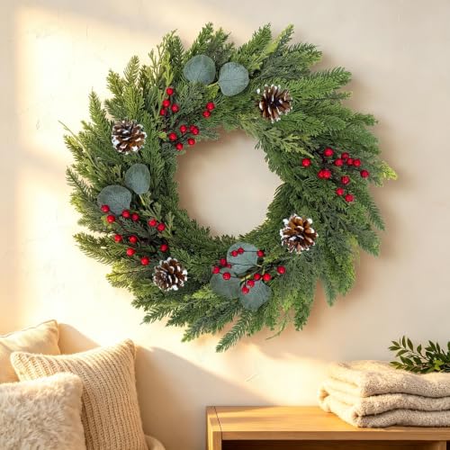 Christmas Wreath 24 Inch with Cedar Pine Foliage, Red Berries & 8-Function LED Lights - Red Green / 1 Pcs