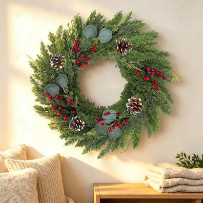 Christmas Wreath 24 Inch with Cedar Pine Foliage, Red Berries & 8-Function LED Lights - Red Green / 1 Pcs
