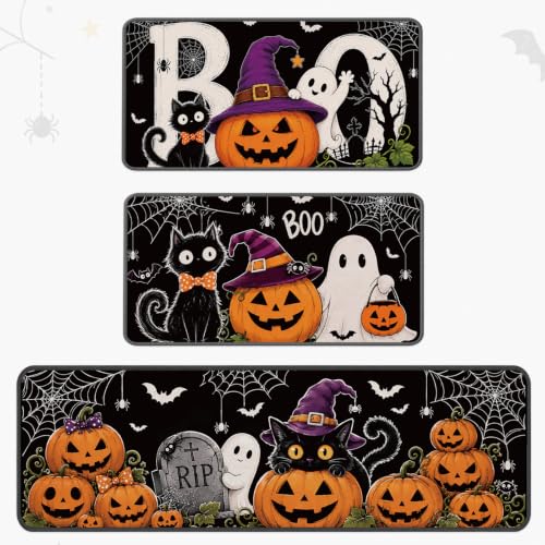 Halloween Kitchen Rugs and Mats Set - Black Cat Ghost Pumpkin Variation
