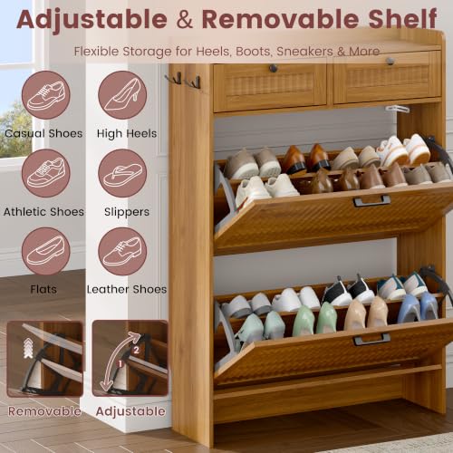 Walnut Fluted Shoe Cabinet with 2 Flip & 2 Top Drawers - Entryway Storage