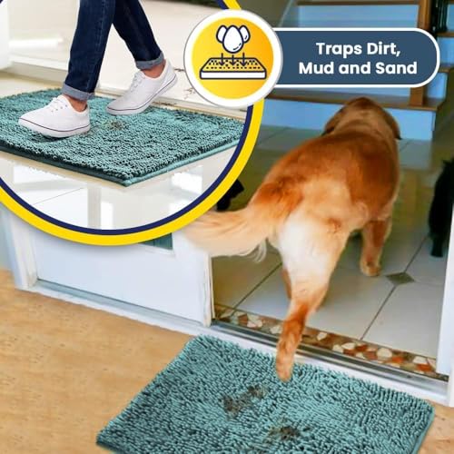 Muddy Mat® | Absorbent Microfiber Chenille Door Mat Atlantic Blue 18" x 28" with Heavy Duty Non-Slip Rug Corner Pad (Pack of 4)- Double-Sided Adhesive Pad for Corners - Ultimate Floor Protection Combo