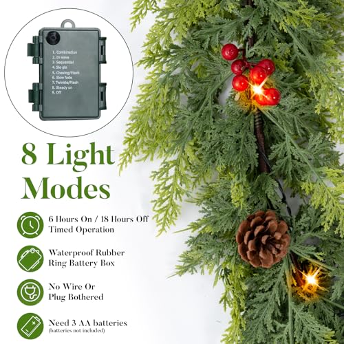 Cedar Green 9FT Prelit Christmas Garland with Lights, Red Berries & Pine Cones