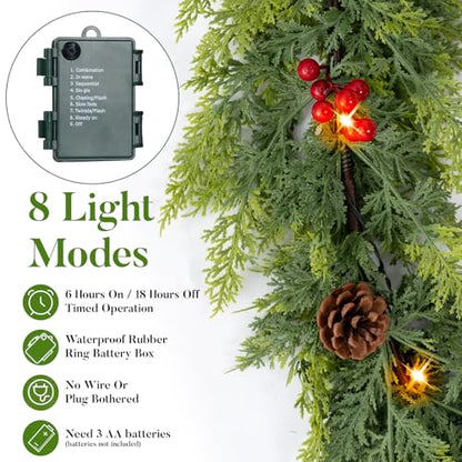 Cedar Green 9FT Prelit Christmas Garland with Lights, Red Berries & Pine Cones