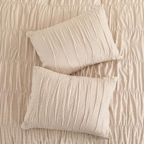 Ash Tan Gingham Queen Comforter Set - 3 Piece Ruched Bedding