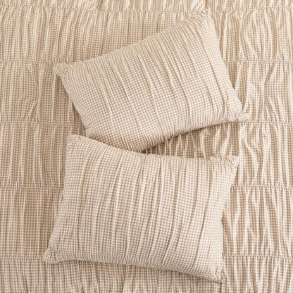 Ash Tan Gingham Queen Comforter Set - 3 Piece Ruched Bedding