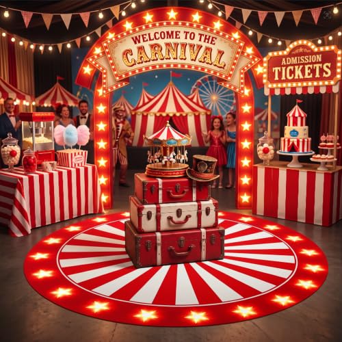 Carnival Circus Theme Party Large Round Rug Decor - 59in - Red White Stripes - Carnival Variation
