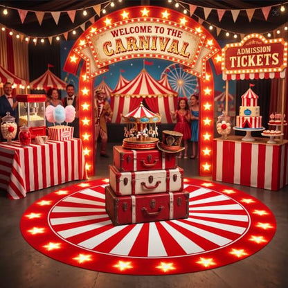 Carnival Circus Theme Party Large Round Rug Decor - 59in - Red White Stripes - Carnival Variation