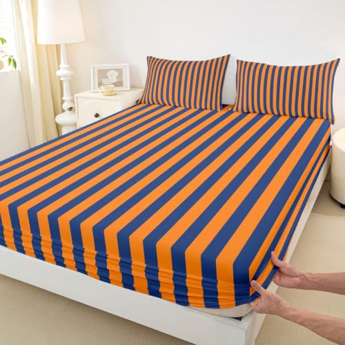 Kids Bed Sheet Set - Orange Navy Stripes, King Size, 4-Piece Bedding with Pillowcases