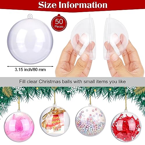 3.2 Inch Christmas Clear Plastic Fillable Ball Ornaments Set of 50 - DIY Transparent Baubles for Holiday Decor