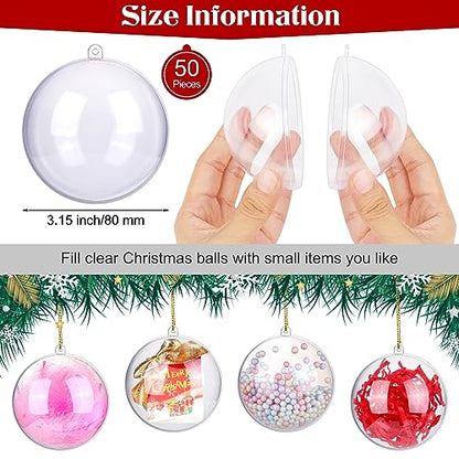 3.2 Inch Christmas Clear Plastic Fillable Ball Ornaments Set of 50 - DIY Transparent Baubles for Holiday Decor