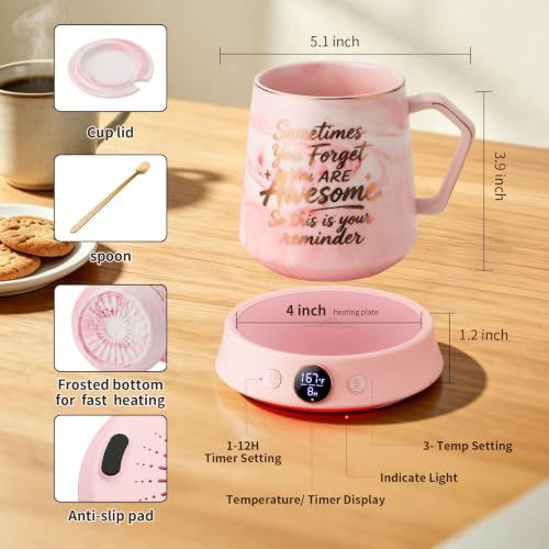 Pink Coffee Mug Warmer & Mug Set, Electric Desk Cup Warmer with Timer