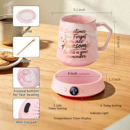 Pink Coffee Mug Warmer & Mug Set, Electric Desk Cup Warmer with Timer