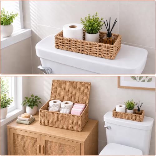 Decorative Storage Baskets with Lids - Woven Paper Rope Organizers Set