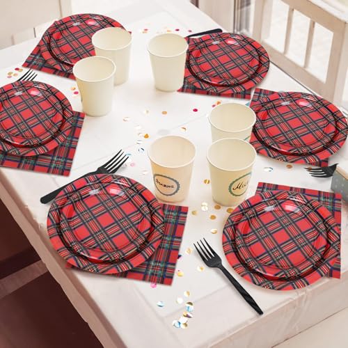 Whaline Christmas Plaid Disposable Tableware Set for 24 Guests - Red Gingham Party Supplies