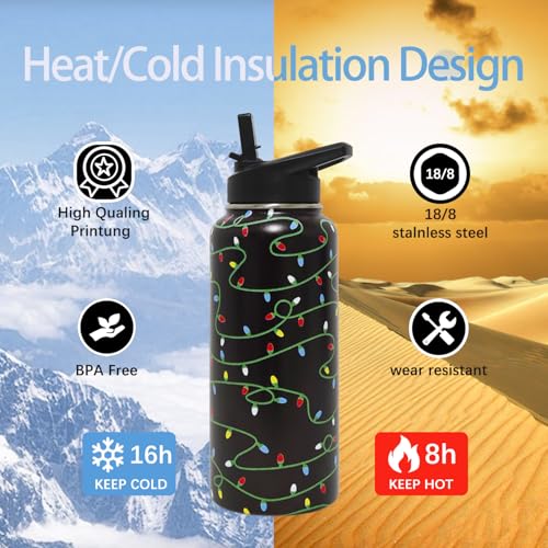 Insulated Christmas Water Bottle 32 oz - Black, Green, Yellow Variations