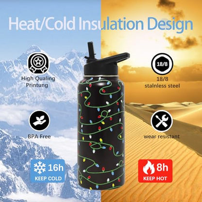 Insulated Christmas Water Bottle 32 oz - Black, Green, Yellow Variations