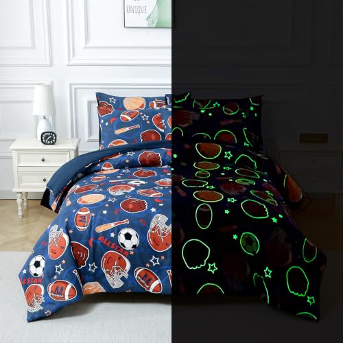 Glow in the Dark Blue Soccer Basketball Bedding Set Full Size for Boys Teen - 4 Pieces with Comforter Pillow Sham