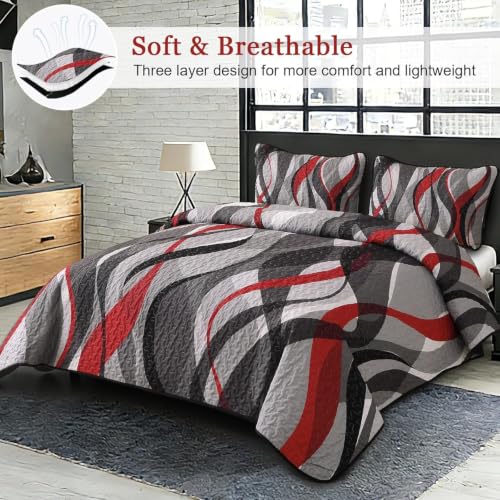 California King Quilt Set Red & Grey Stripe Bedding with Pillowshams - Anibedding Classic Line