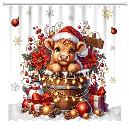 Christmas Highland Cow Shower Curtain 72x72 Inches with Hooks - Rustic Farmhouse Bathroom Decor