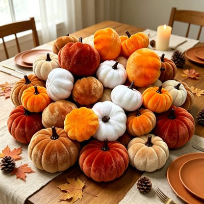 16Pcs Velvet Pumpkin Decor Set for Fall Halloween Thanksgiving - Realistic Plush Pumpkins