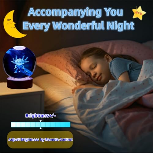 3.15 Inch Axolotl Night Light Crystal Ball with Wooden Base 16 Colors Change Remote Pack of 2