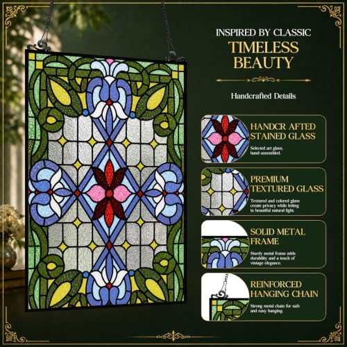 Blue Floral Stained Glass Window Panel - 25 x 18 Inches Home Decor