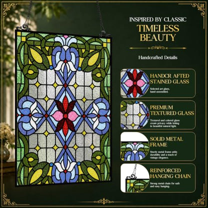 Blue Floral Stained Glass Window Panel - 25 x 18 Inches Home Decor