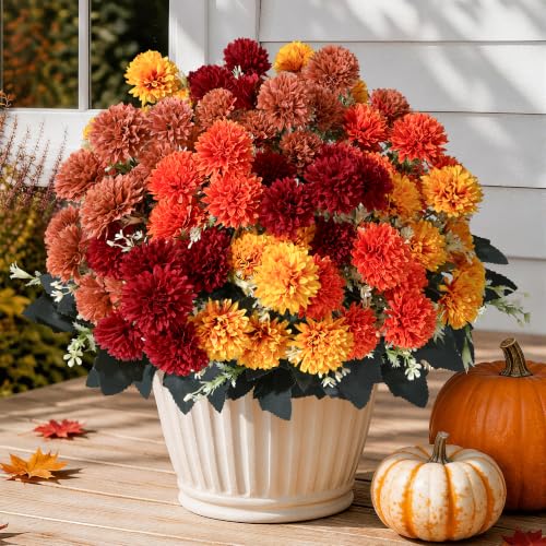 Artificial Fall Mums Flowers for Outdoors - 12 Bundles, UV Resistant, Realistic Faux Chrysanthemums - Multi Variation