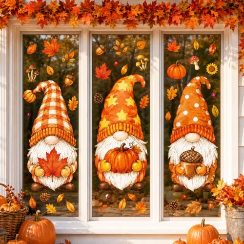 Large Fall Gnome Window Clings Halloween Thanksgiving Decor Set