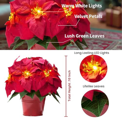 Velvet Red Artificial Poinsettia Flowers for Holiday Decor - 10 Inch LED Lighted Set