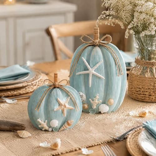 2-Pack Coastal Wooden Pumpkin Decor with Starfish & Shell Accents, 6.69 & 5.91 Inches