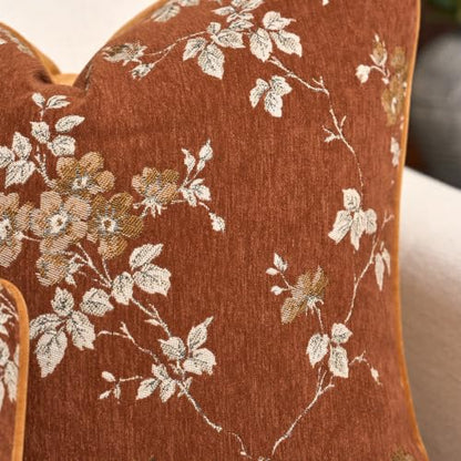 Alerfa Orange Neutral Floral Chenille Pillow Cover 12 x 20 Inch - Farmhouse Decorative Cushion Cover - Pack of 1