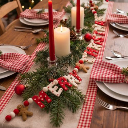 Christmas Felt Garland with Gingerbread Man and 'MERRY CHRISTMAS' Letters - 10 ft with Red White Brown Variation