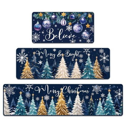 Christmas Kitchen Mats - Blue and Gold Xmas Tree Non-Slip Rugs, Set of 3 with Variation Xmas Tree
