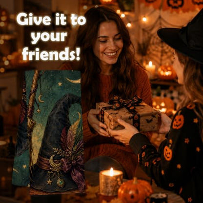 Halloween Kitchen Towel Witch Hat Broom and Crescent Moon Variation - Gothic Fall Decor