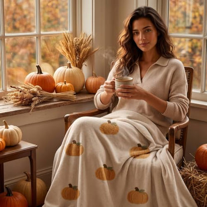 Cream White Tufted Pumpkin Flannel Throw Blanket - Fall Seasonal Decor