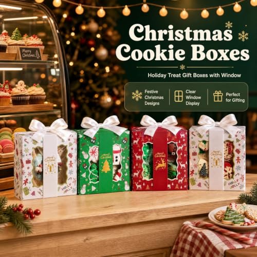 12 Pack Christmas Cookie Boxes with Window & Gold Band - Small 6x6x2.5 Inches, Multi Colors