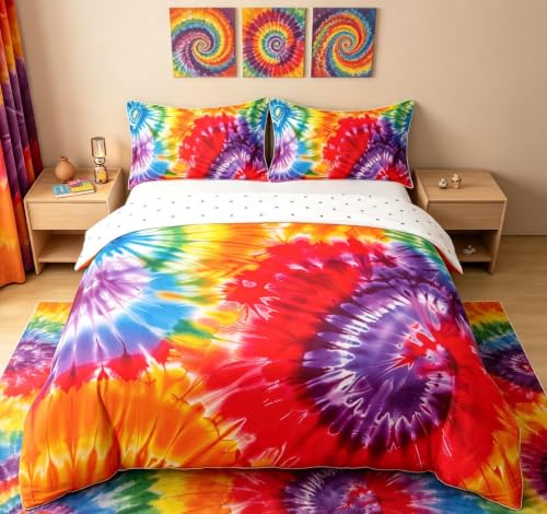 Rainbow Tie Dye Duvet Cover Set Twin Size 100% Cotton Bedding
