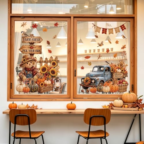 Fall Window Clings Set - Harvest Decor with Pumpkin Truck & Scarecrows