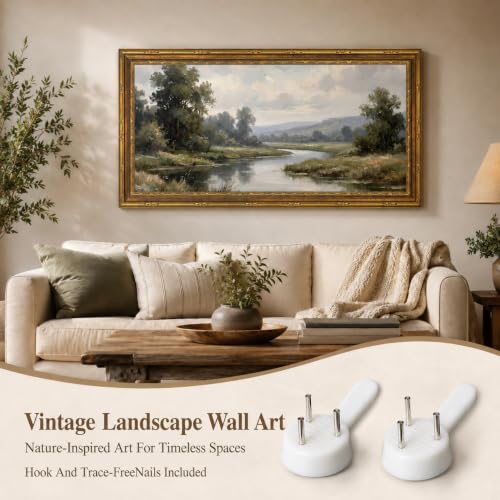 Large Framed Rustic River Landscape Wall Art - Vintage Countryside Scene, 20x40in - River / Framed / 20"L x 40"W