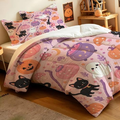 Pink Halloween Bedding Set 3-Piece Comforter & Pillowcases for Girls - Ghost & Cat Design, Full Variation