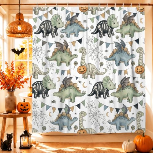 Green Dinosaur Shower Curtain - Halloween Waterproof Fabric 72x72 Inch