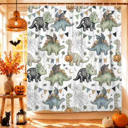 Green Dinosaur Shower Curtain - Halloween Waterproof Fabric 72x72 Inch