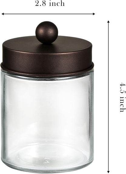 SheeChung Qtip Dispenser Holder Set - 4 Glass Apothecary Jars with Bronze Lids | Bathroom Storage Organizer
