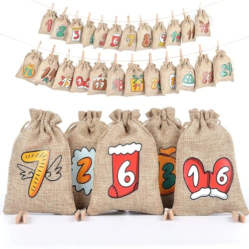 Brown Christmas Advent Calendar Bags, 24 Days Countdown Burlap Gift Bags