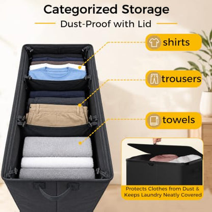 UFORU 195L 3-Section Laundry Hamper with Lid - Black, Collapsible & Removable Mesh Bags
