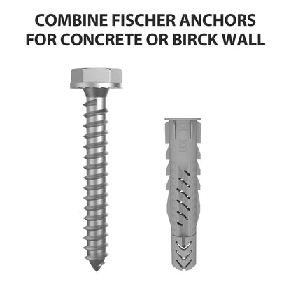 USX Mount Lag Bolt Kit - M8 Lag Bolts for Wood Studs & Fischer Anchors for Concrete Walls | Easy Installation Tools Included