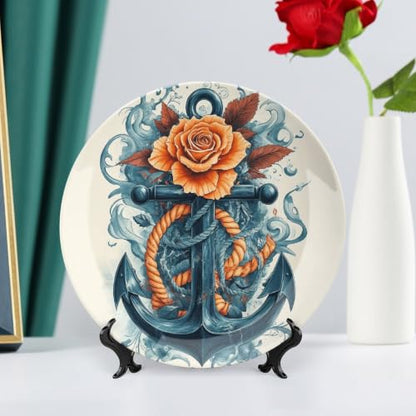 Decorative Ceramic Plate with Stand - Rose Anchor Wall & Table Decor