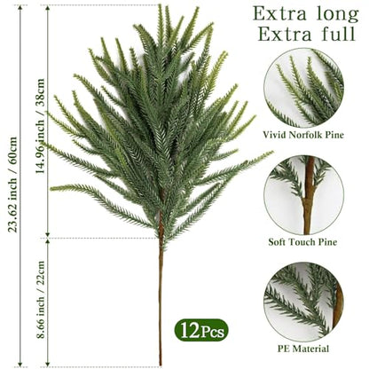 12Pcs Artificial Norfolk Pine Stems for Christmas Decor, 24 Inch Greenery Branches